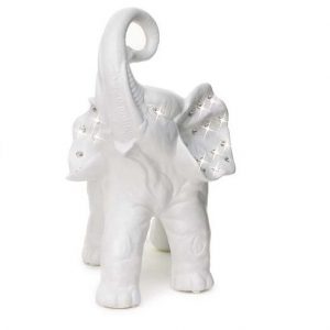 ELEFANTE GRANDE ZEUS CON PROBOSCIDE ALTA IN CERAMICA BIANCO MAT CON SWAROVSKI