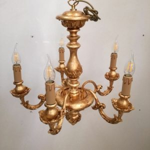 LAMPADARIO SOSPENSIONE 5 LUCI STRUTTURA IN LEGNO FOGLIA ORO ANTICO