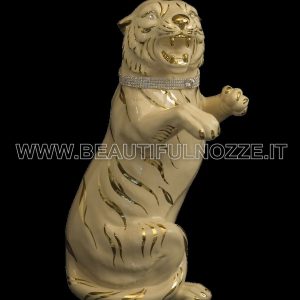 TIGROTTO MEDIO SEDUTO IN CERAMICA CREMA E ORO CON CRISTALLI SWAROVSKI