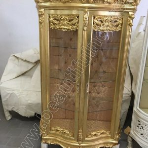 VETRINA 2 ANTE IN LEGNO FOGLIA ORO E STOFFA ORO CON CRISTALLI ARREDO CASA