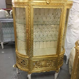 VETRINA 3 ANTE IN LEGNO FOGLIA ORO CON STOFFA PANNA E CRISTALLI ARREDO CASA