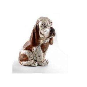 BASSOTTO SEDUTO BIANCO E MARRONE IN CERAMICA OCCHI E COLLARE IN CRISTALLI