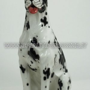 CANE ALANO ARLECCHINO SEDUTO IN CERAMICA BIANCA CON MACCHIE ANIMALI ARREDO CASA
