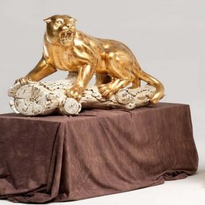 LEOPARDO PANTERA TIGRE JAGUARO SU TRONCO IN CERAMICA FOGLIA ORO STATUA SCULTURA
