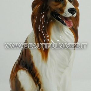CANE LESSIE MEDIO SEDUTO IN CERAMICA BIANCO E MARRONE ANIMALI ARREDO CASA