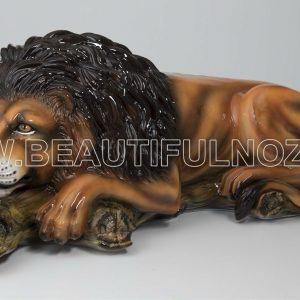 LEONE SDRAIATO SU TRONCO IN CERAMICA COLORATA ANIMALI TIGRE PANTERA ARREDO CASA