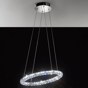 NORA3 SOSPENSIONE ANELLO PICCOLO IN ACCIAIO INOX E MATTONELLE IN CRISTALLO A LED