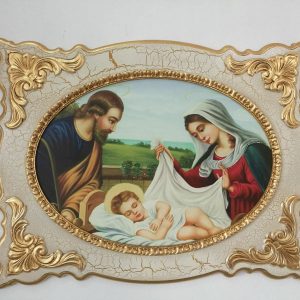 QUADRO SACRA FAMIGLIA CAPEZZALE CORNICE LEGNO DECORO PANNA E ORO ARREDO CASA