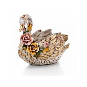 CIGNO CACHEPOT VASO MEDIO CON FIORI IN CERAMICA FOGLIA ORO AVORIO