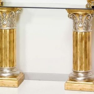 CONSOLLE COPPIA COLONNA REGALE ENTRATINA IN CERAMICA FOGLIA ORO E ARGENTO