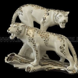 COPPIA LEOPARDI SU TRONCO IN CERAMICA BIANCO PLATINO CON CRISTALLI SWAROVSKI