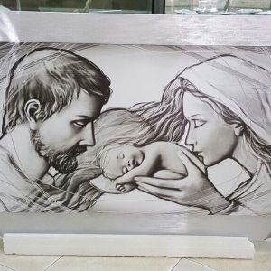 QUADRO SACRA FAMIGLIA CAPEZZALE STAMPA SU TELA LEGNO DECORO ARGENTO GLITTER