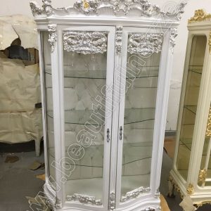 VETRINA 2 ANTE IN LEGNO BIANCO E FOGLIA ARGENTO E ECOPELLE BIANCA CON CRISTALLI