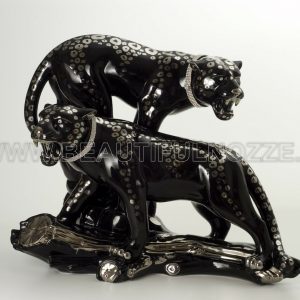 COPPIA LEOPARDI SU TRONCO IN CERAMICA NERO PLATINO CON CRISTALLI SWAROVSKI